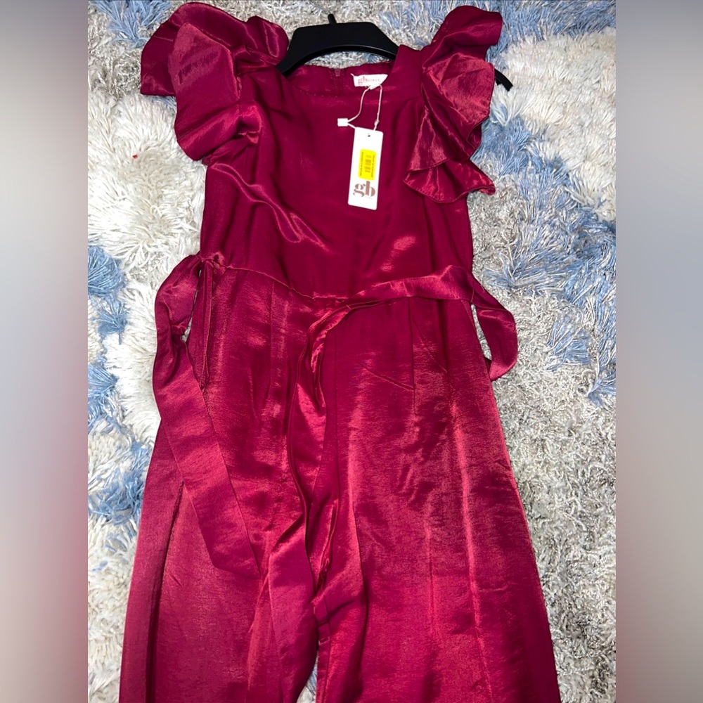 GB GIRLS Dressy  Wine Jumpsuit Size 8 Ruffled Sleeves Scoop Neck Zip Stretch Tie